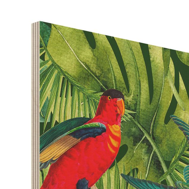 Obraz z drewna - Kolorowy kolaż - Papugi w dżungli
