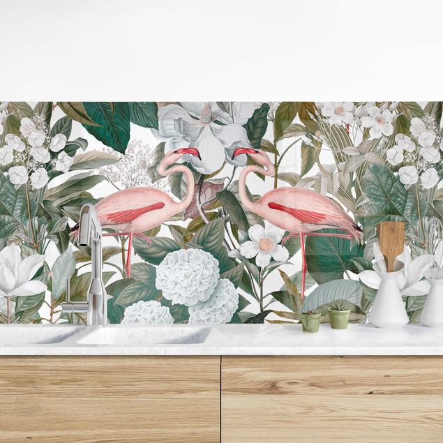 Dekoracja do kuchni Różowe flamingi z liśćmi i białymi kwiatami