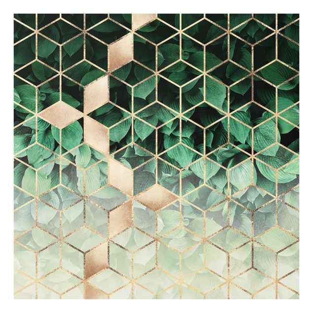 Panel szklany do kuchni - Zielone liście złota geometria