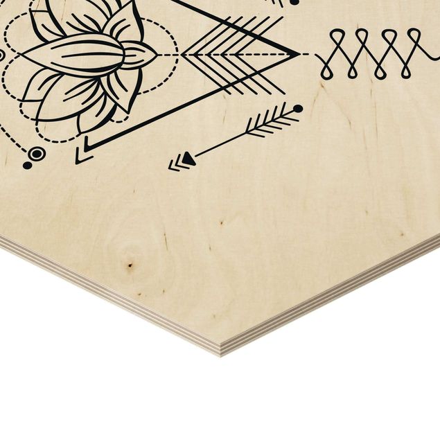 Obraz heksagonalny z drewna - Lotus Unalome ze strzałkami