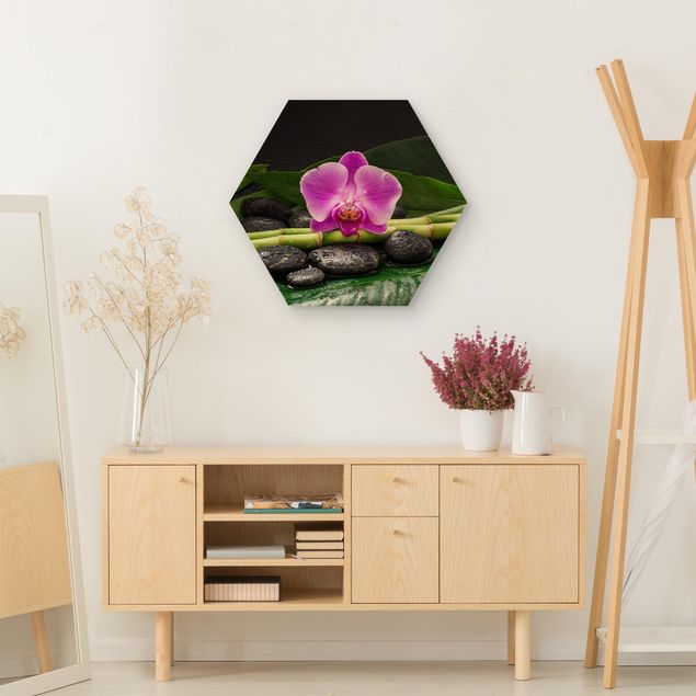 Obrazy do salonu nowoczesne Zielony bambus z kwiatem orchidei