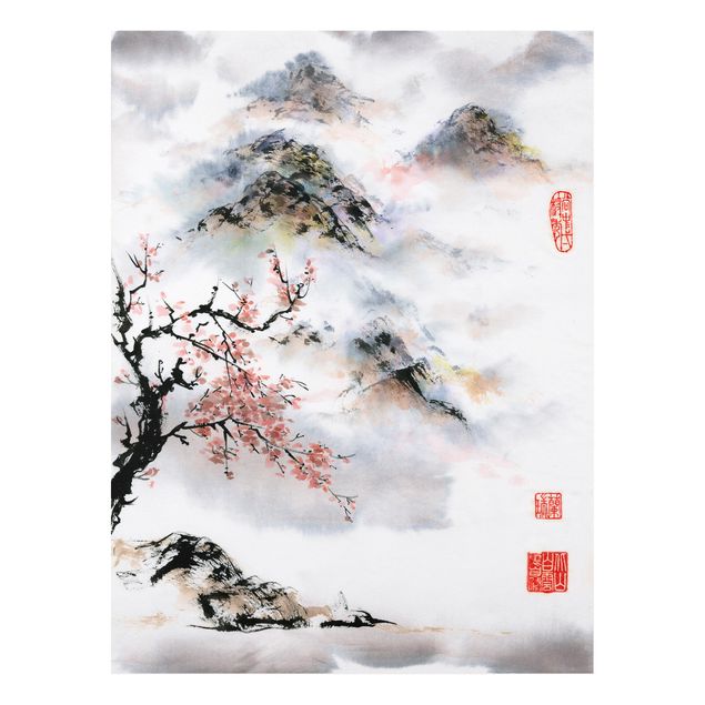 Obrazy do salonu Japońska akwarela Drzewo wiśniowe i góry