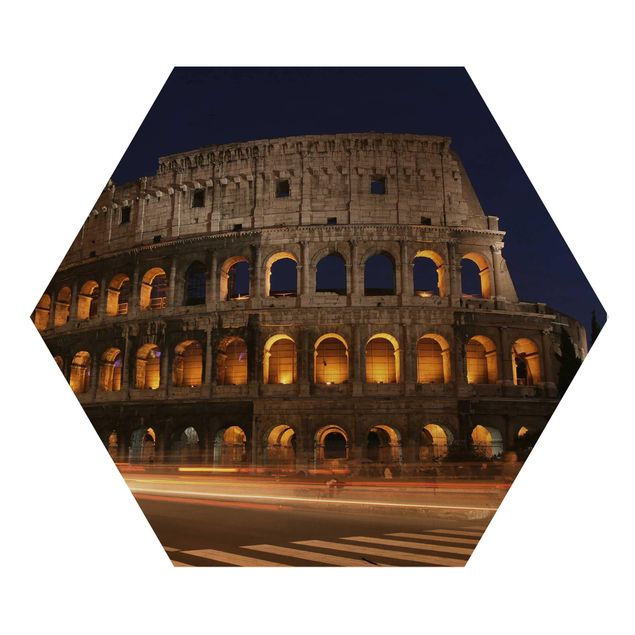 Obraz heksagonalny z drewna - Colosseum w Rzymie nocą