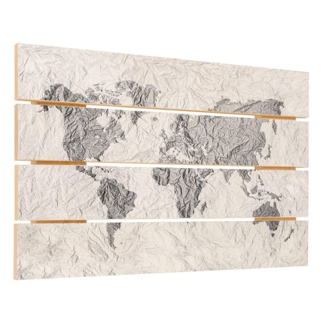 Obraz z drewna - Papierowa mapa świata biała szara