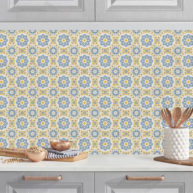 Dekoracja do kuchni Kwiatowe płytki niebiesko-żółte