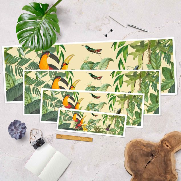 Obraz kolorowy Kolaże w stylu vintage - Ptaki w dżungli