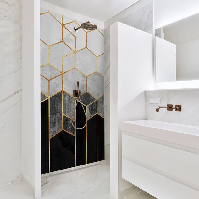 Tylna ścianka prysznicowa - Golden Hexagons Black And White