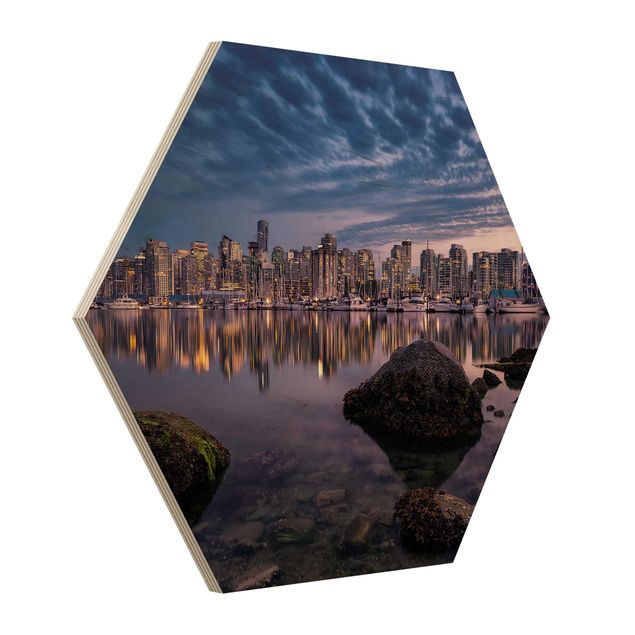 Obraz heksagonalny z drewna - Vancouver o zachodzie słońca