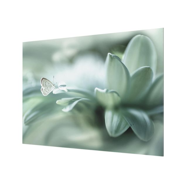 Panel szklany do kuchni - Motyl i krople rosy w pastelowej zieleni