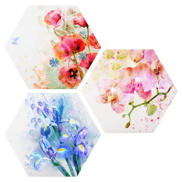 Obraz heksagonalny z Forex 3-częściowy - Akwarela Trio kwiatowe