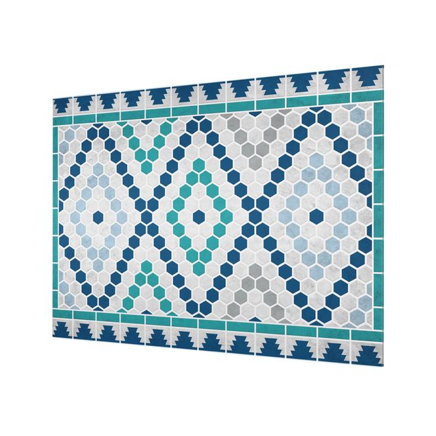 Panel szklany do kuchni - Wzór płytek marokańskich turkusowoniebieski