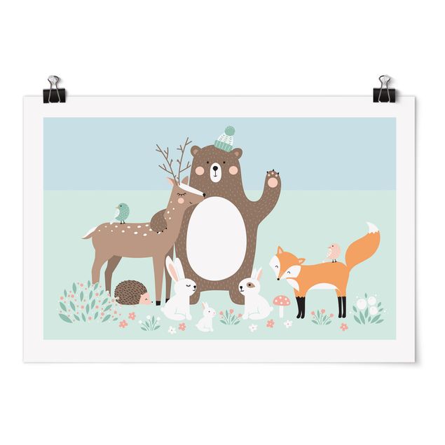 Obraz z jeleniem Leśni przyjaciele z leśnymi zwierzętami niebieski