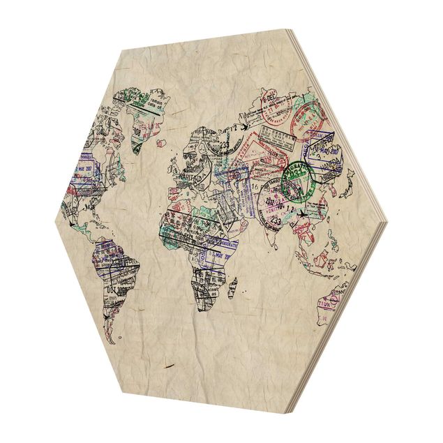 Obraz heksagonalny z drewna - Mapa świata z pieczątką paszportową