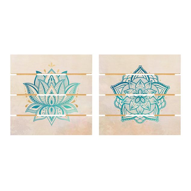 Obraz z drewna 2-częściowy - Mandala Hamsa Hand Lotus Set złoty niebieski