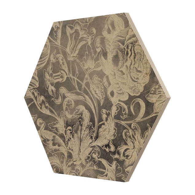 Obraz heksagonalny z drewna - Ornament z kwitnących kwiatów I