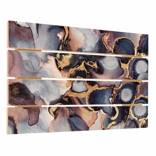 Obraz z drewna - Marmurowa akwarela z złotem