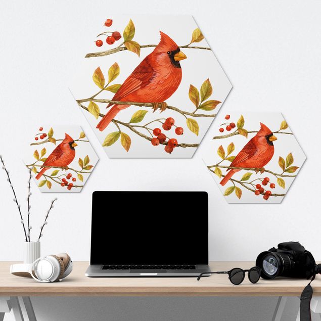 Sześciokątny obraz Ptaki i jagody - Czerwony kardynał