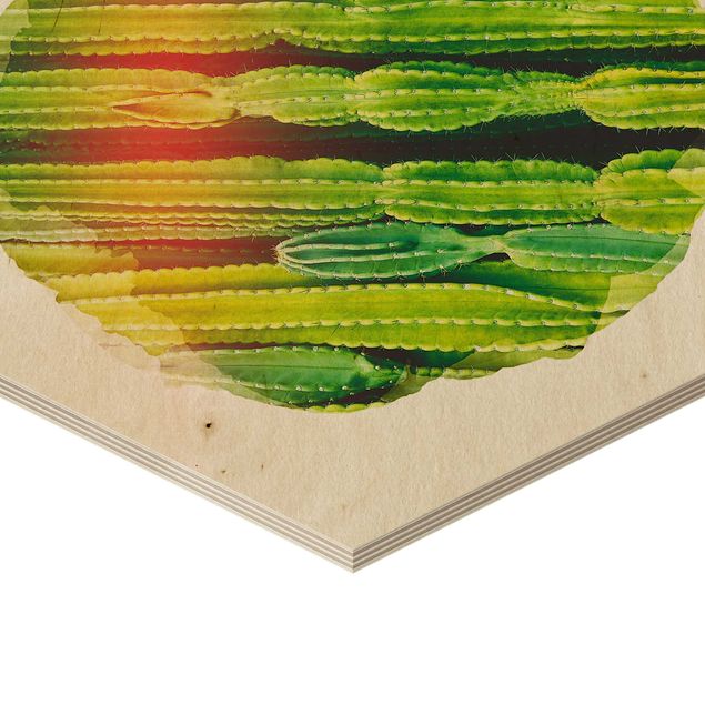 Obraz heksagonalny z drewna - Akwarele - Kaktus na ścianie
