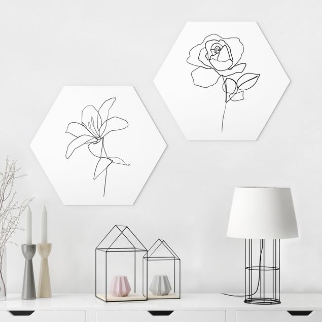Obraz heksagonalny z Forex 2-częściowy - Kwiaty czarno-biały zestaw artystyczny