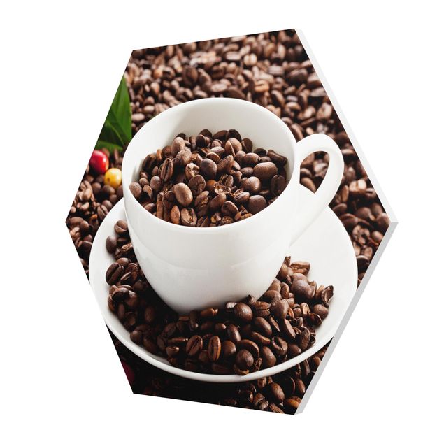 Obraz heksagonalny Filiżanka do kawy z palonymi ziarnami kawy