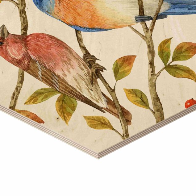 Obraz heksagonalny z drewna 2-częściowy - Zestaw I Ptaki i jagody