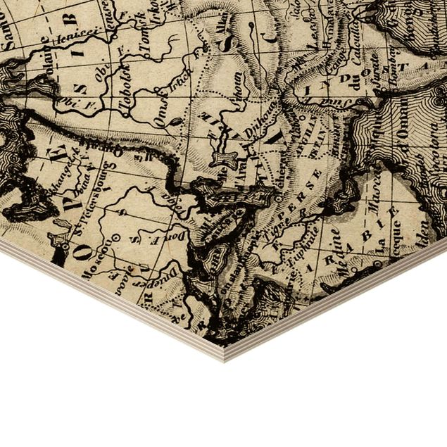 Obraz heksagonalny z drewna 3-częściowy - Szczegóły starej mapy świata
