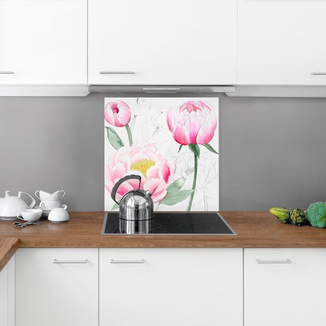 Panel szklany do kuchni Rysowanie różowych peonii II
