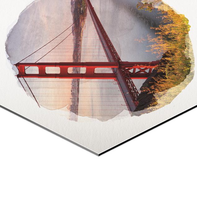 Sześciokątny obraz Akwarele - Most Złotoen Gate w San Francisco