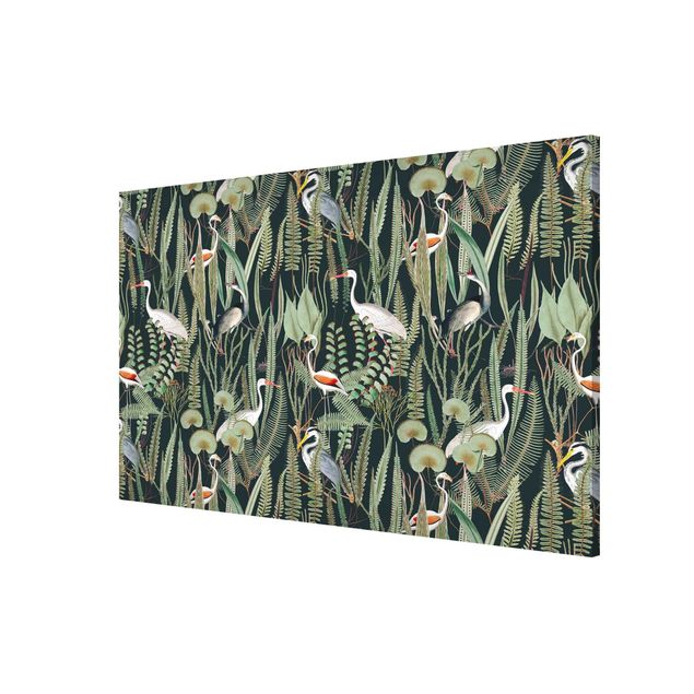 Obrazy nowoczesny Flamingi i bociany z roślinami na zielonym tle