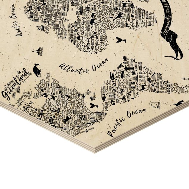 Obraz heksagonalny z drewna - Typografia Mapa świata biała