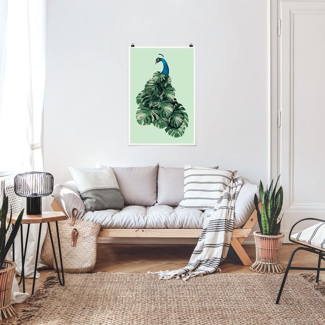 Obrazy nowoczesny Pawia z liśćmi monstery