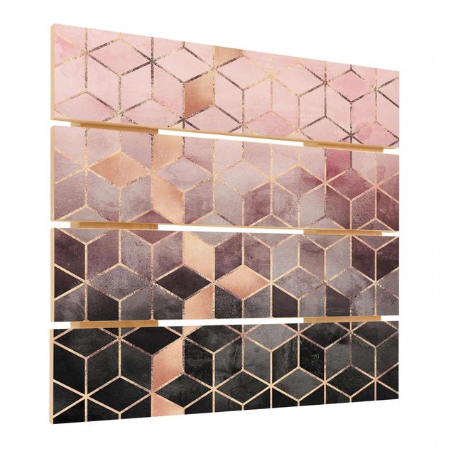 Obraz z drewna - Różowo-szara złota geometria