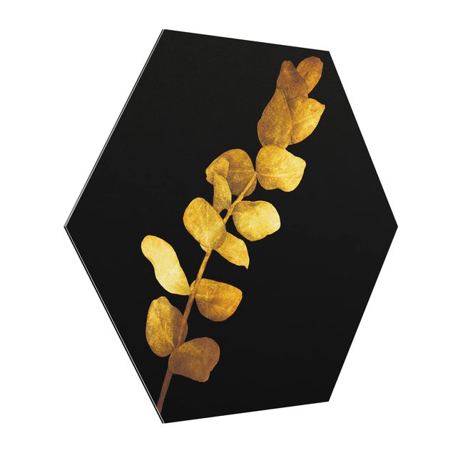 Obrazy kwiatowe Złoto - Eukaliptus na czarnym tle