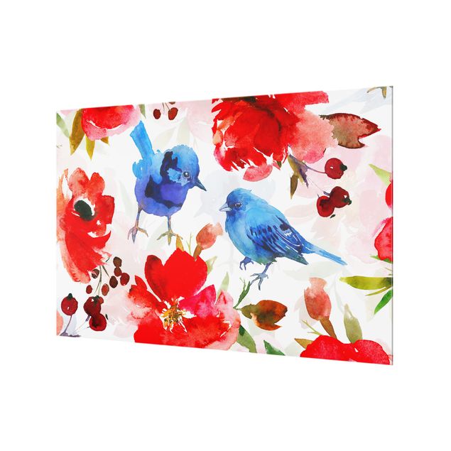 Panel kuchenny - Watercolour Birds In Blue And Pink - Format poziomy 1:1