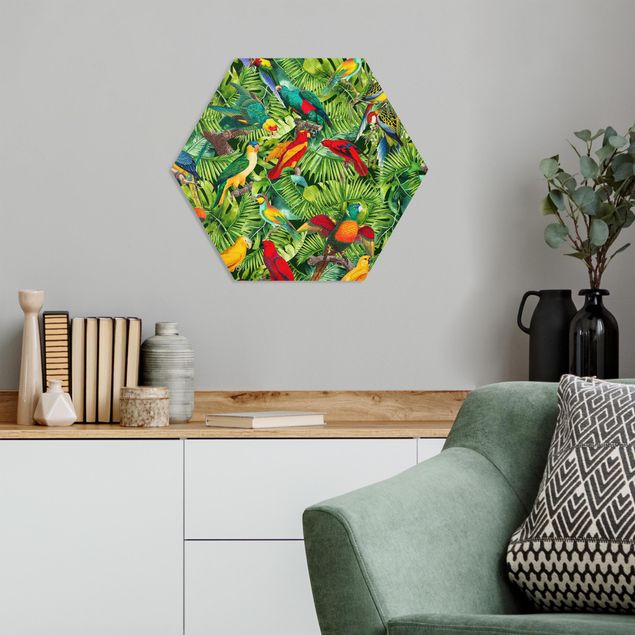 Nowoczesne obrazy do salonu Kolorowy kolaż - Papugi w dżungli