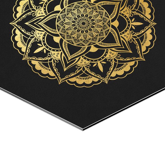 Obraz heksagonalny z Alu-Dibond 3-częściowy - Zestaw ilustracji Mandala Flower Sun Czarne złoto