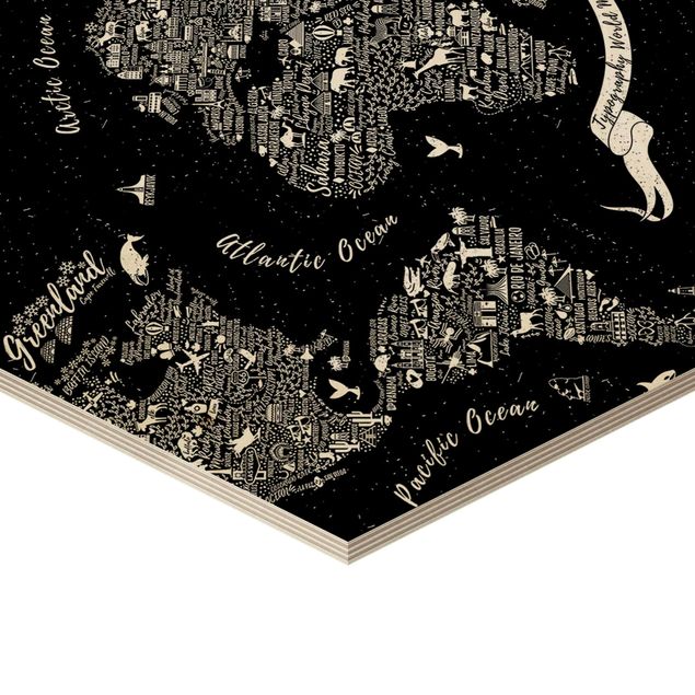 Obraz heksagonalny z drewna - Typografia mapa świata czarna