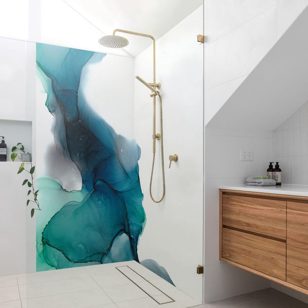 Panele ścienne do łazienki pod prysznic Drops Of Ocean Tourquoise With Gold