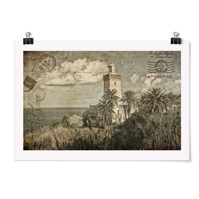 Obrazy na ścianę krajobrazy Pocztówka w stylu vintage z latarnią morską i palmami