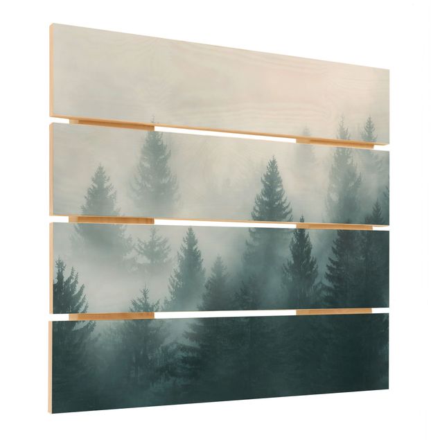 Obraz z drewna - Las iglasty we mgle