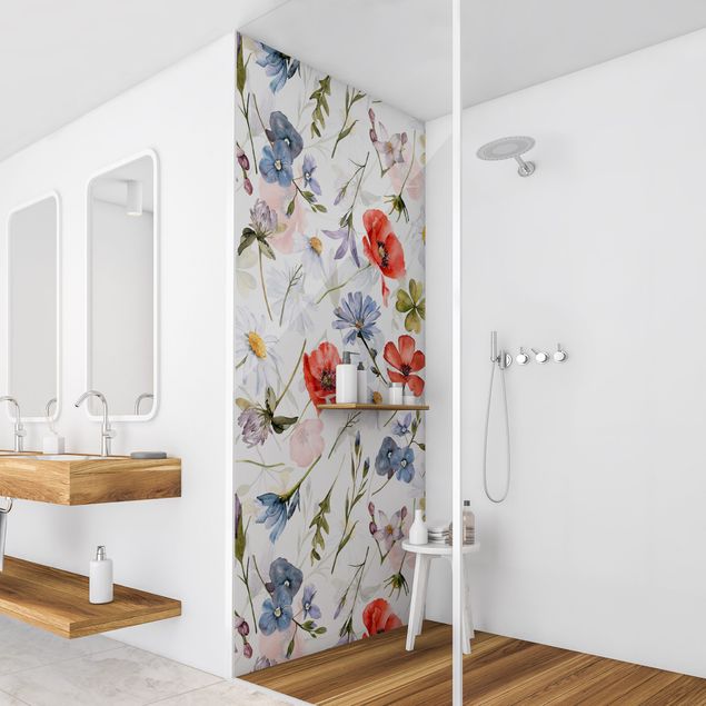 Tylna ścianka prysznicowa - Watercolour Poppy With Cloverleaf