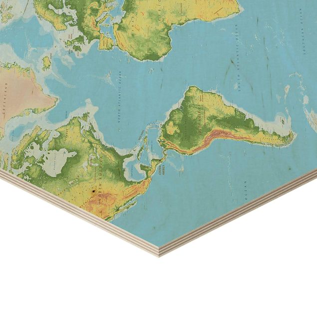 Obraz heksagonalny z drewna - Fizyczna mapa świata