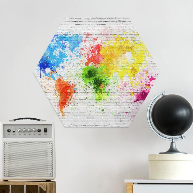 Obrazy do salonu nowoczesne Mapa świata z białą cegłą