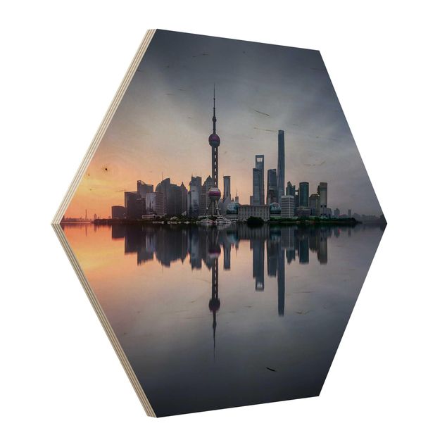 Obraz heksagonalny z drewna - Szanghaj Skyline Poranny nastrój