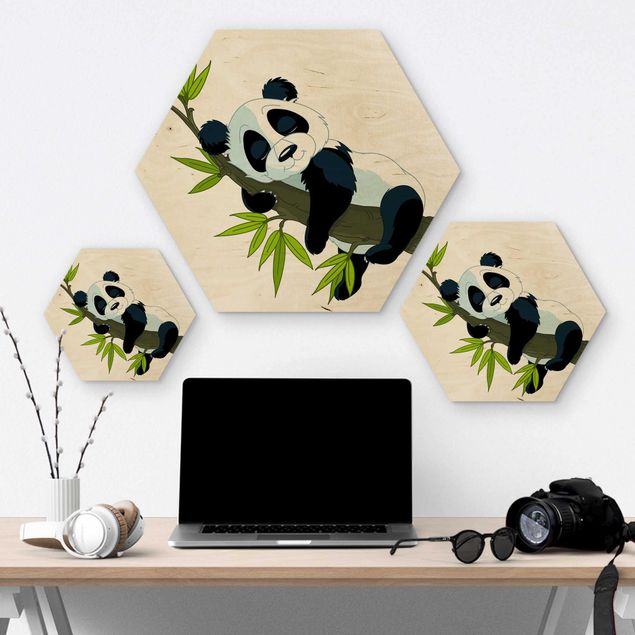 Obraz heksagonalny z drewna - Śpiąca panda