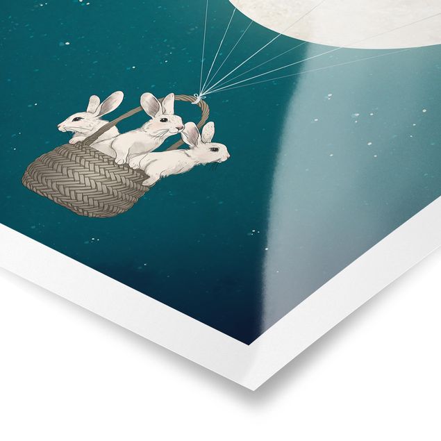 Plakaty zwierzęta Ilustracja królik Księżyc Balon na ogrzane powietrze Gwieździste niebo