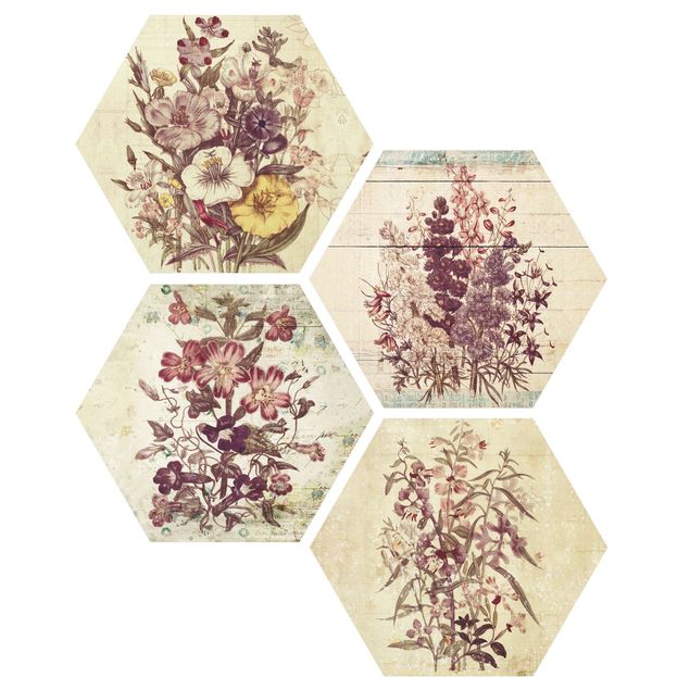 Obraz heksagonalny z Alu-Dibond 4-częściowy - Kolekcja Vintage Flowers
