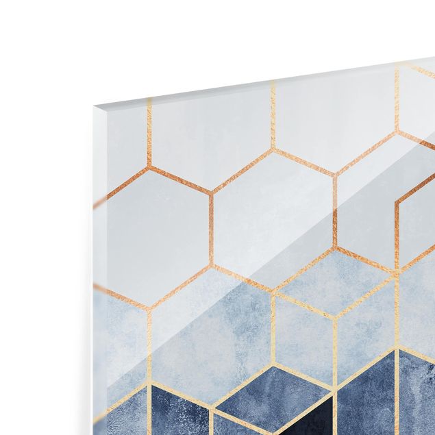 Panel szklany do kuchni - Złote sześciokąty niebiesko-białe