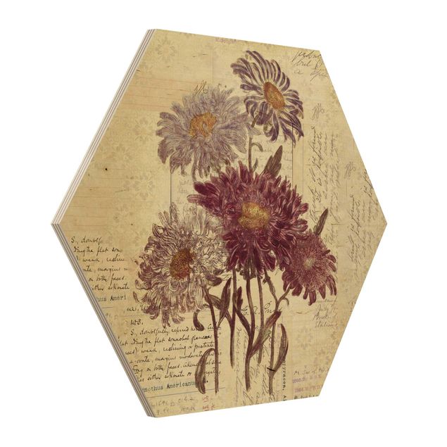 Obraz heksagonalny z drewna - Kwiaty w stylu vintage z pismem odręcznym