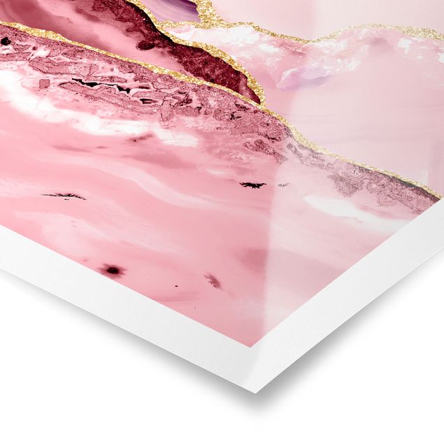 Obraz różowy Abstrakcyjne góry w kolorze różowym ze złotymi liniami